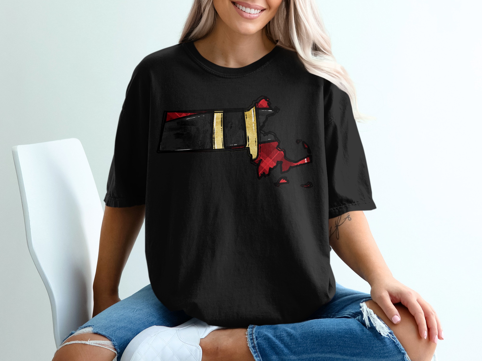 Massachusetts T-Shirt, State Pride Tee, MA Home, New England Gift, Map Outline, Plaid Design, Black and Gold Shirt - Image 2
