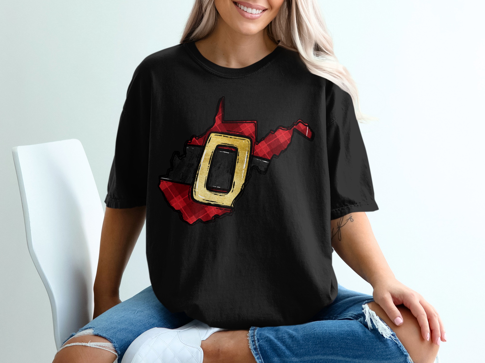 West Virginia Santa Belt T-Shirt, Christmas State Pride, Holiday Gift, Red Plaid State Outline Tee, WV Christmas Apparel, West Virginia Gift - Image 2