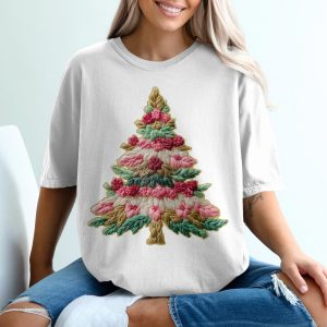 Embroidered Christmas Tree With Flowers Festive Joy T-Shirt, faux yarn