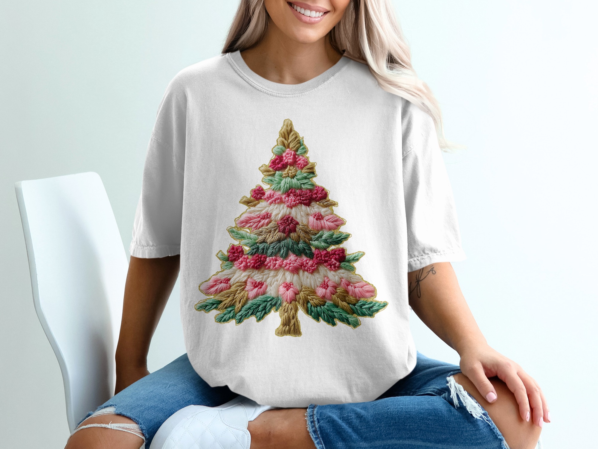 Embroidered Christmas Tree With Flowers Festive Joy T-Shirt, faux yarn