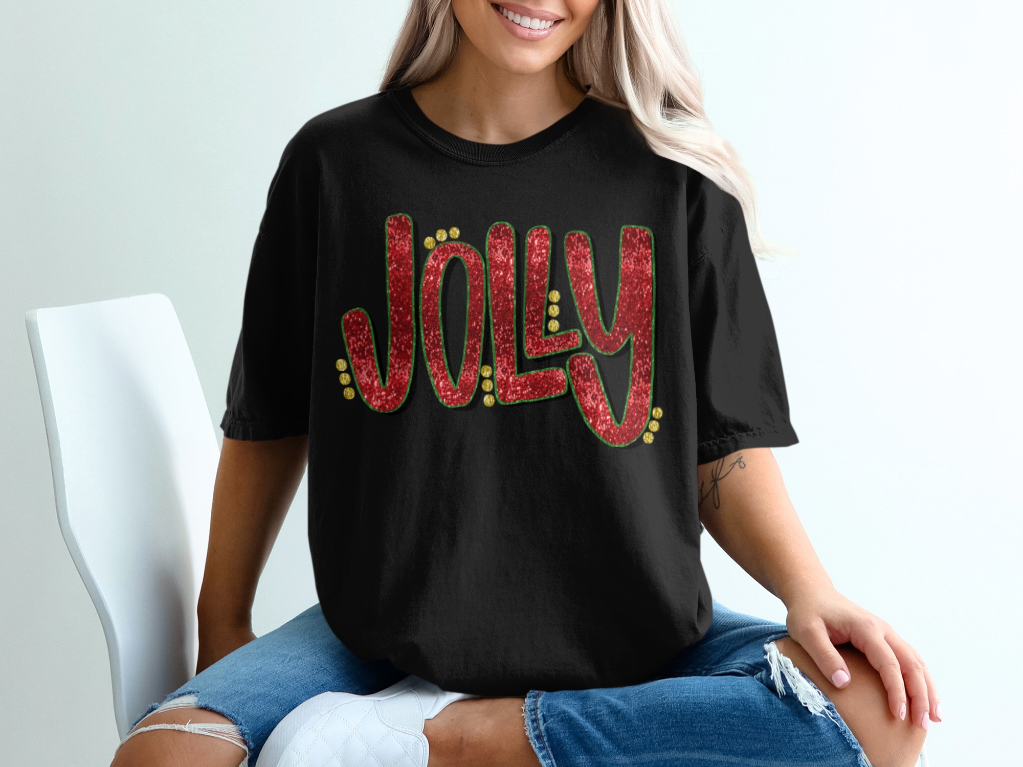 Jolly T-Shirt, Christmas T-Shirt, Holiday Shirt, Festive Shirt, Red Glitter Shirt, Party Top, Gift Idea, Celebration Shirt - Image 2