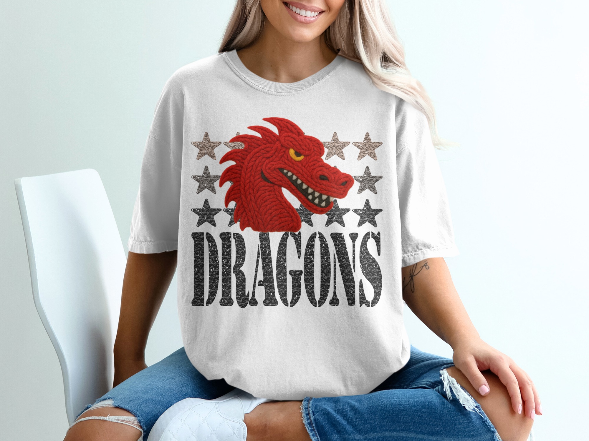 Red Dragon T Shirt, Fierce Dragon Tee, Knitted Dragon, Starry Dragons, Dragon Graphic Shirt, Dragon Lover Tee