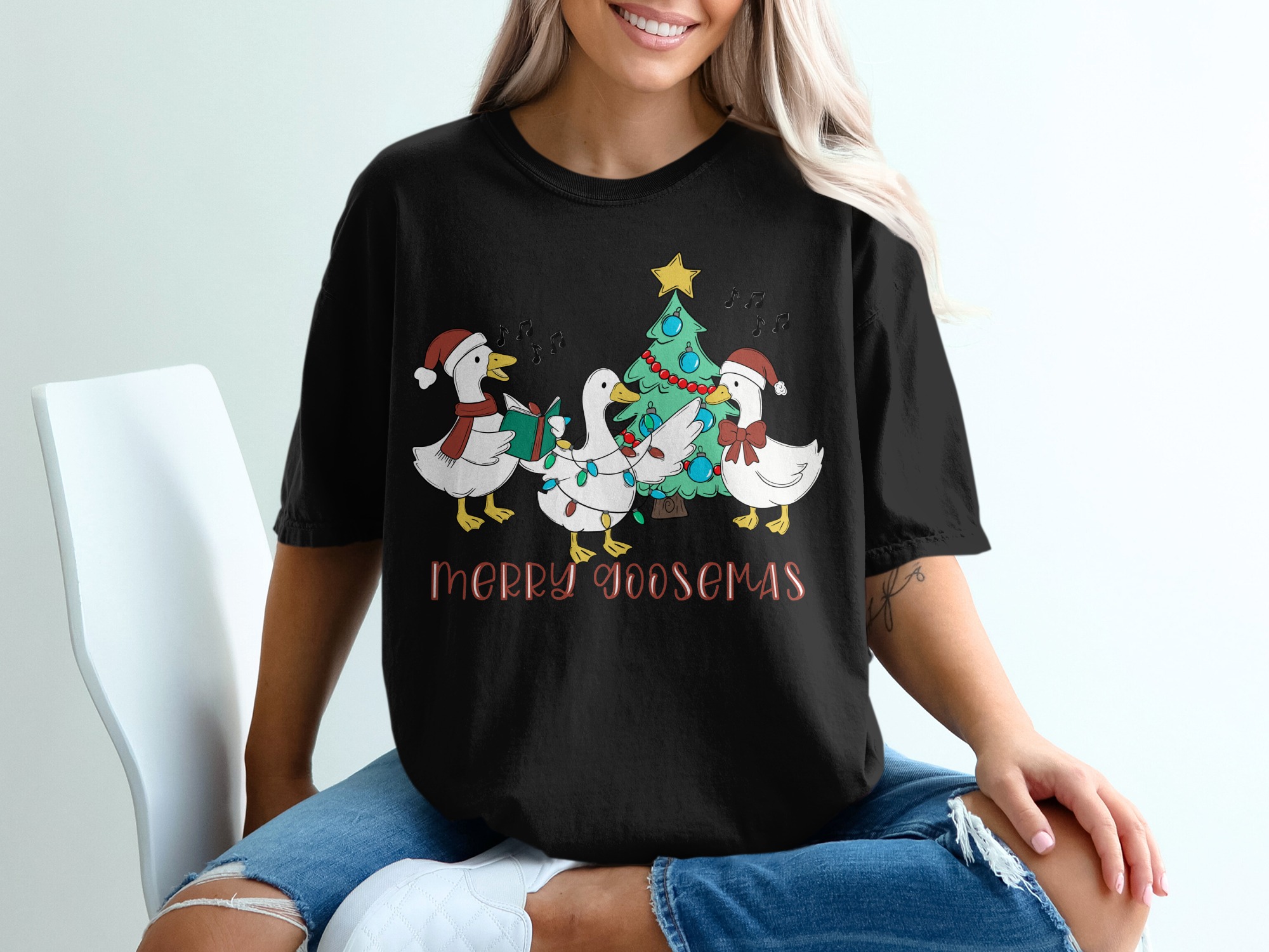Merry Goosemas T-Shirt, Christmas Geese, Funny Holiday Tee, Cute Bird Shirt, Caroling Ducks, Xmas Tree Apparel, Festive T Shirt Design - Image 2