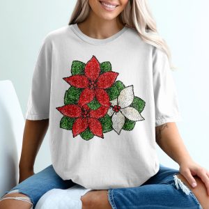 Poinsettia T Shirt, Christmas Floral Shirt, Holiday Season Tee, Red White Green Flower Top, Botanical T Shirt, Festive Outfit, Gift For Her