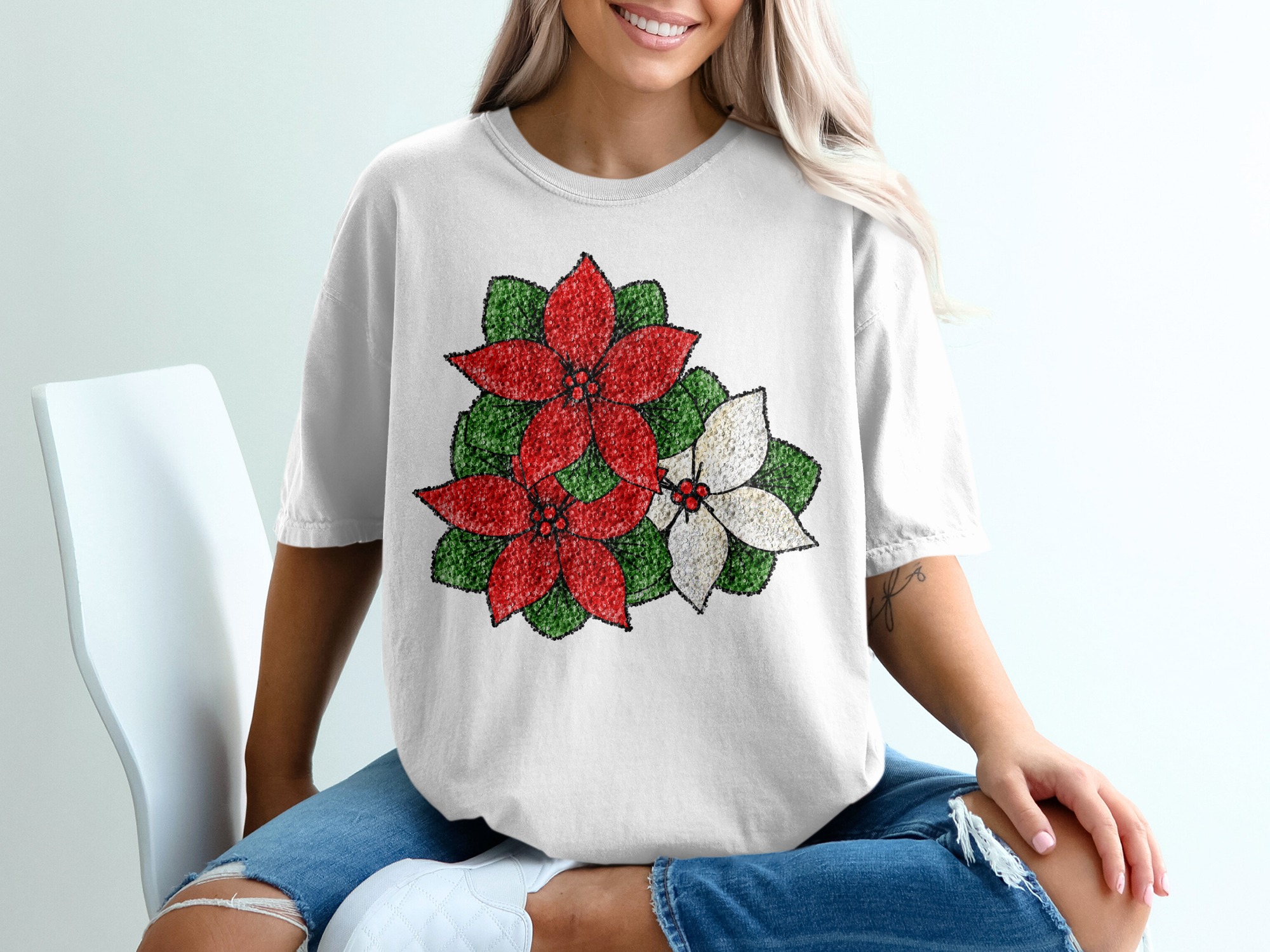 Poinsettia T Shirt, Christmas Floral Shirt, Holiday Season Tee, Red White Green Flower Top, Botanical T Shirt, Festive Outfit, Gift For Her