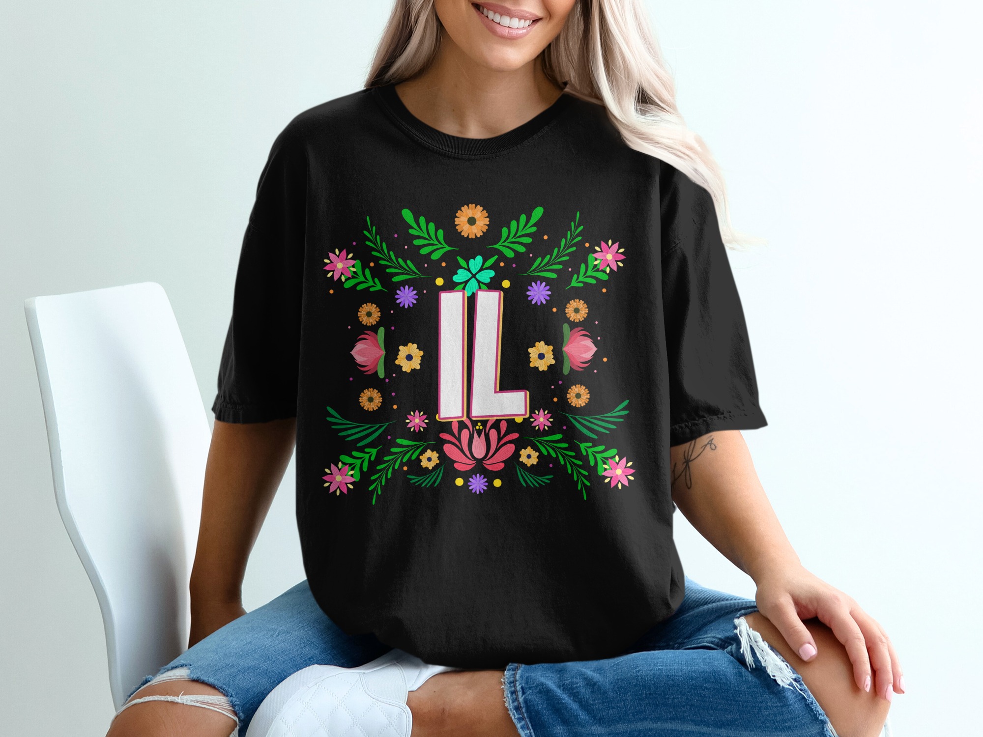 Floral Letter L T-Shirt, Initial L Shirt, Personalized L Tee, Flower Alphabet T-Shirt, Botanical Monogram Shirt - Image 2