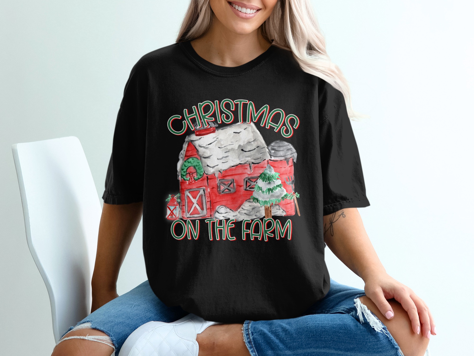 Christmas on The Farm T-Shirt, Farmhouse Christmas Tee, Holiday Barn TShirt, Christmas T Shirt, Winter T Shirt, Farm T-Shirt - Image 2