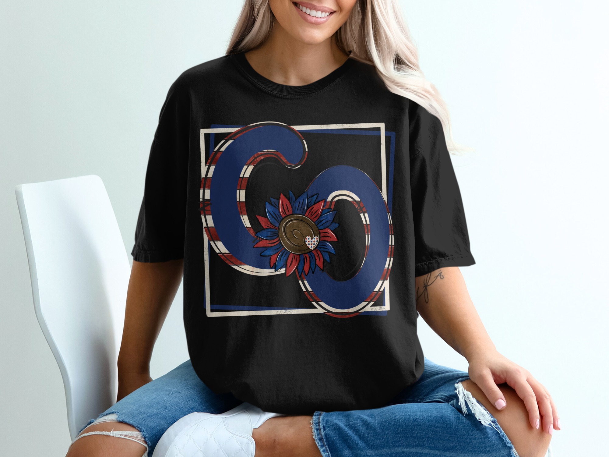 Patriotic GO T Shirt, USA Flag Flower Tee, Fourth of July Shirt, American Pride, Summer Apparel, Gift for Her, Red White and Blue T-Shirt - Image 2
