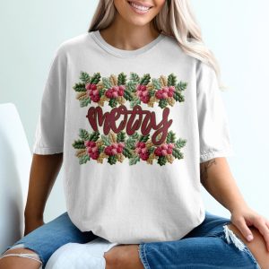 Merry Christmas Floral Pattern Holiday Celebration T-Shirt, faux yarn