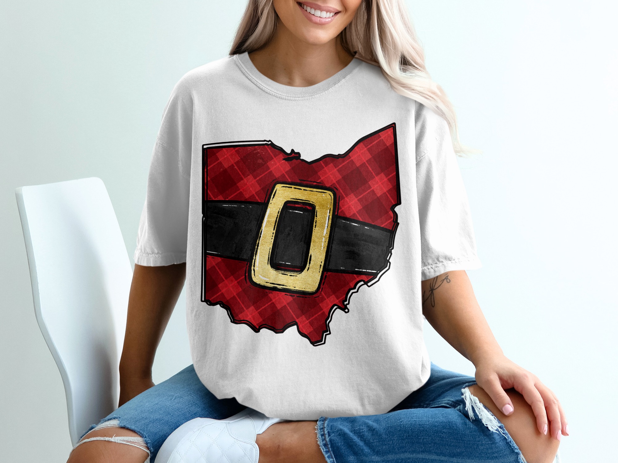 Ohio Santa Belt T-Shirt, Plaid Ohio Tee, Christmas Ohio Shirt, Holiday T-Shirt, Ohio State Shirt, Ohio Pride Shirt