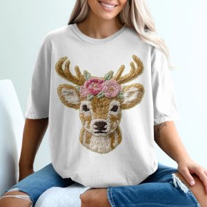 Floral Deer T-Shirt, Embroidered Style Animal Tee, Whimsical Flower Crown Shirt, Nature Lover Gift, Deer Head Apparel