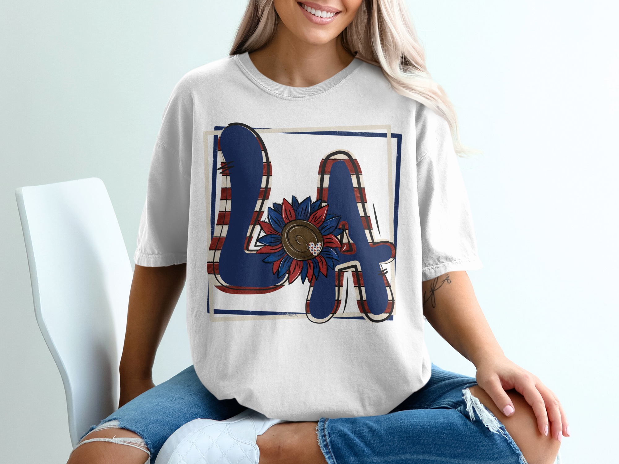 LA Sunflower T-Shirt, Patriotic Design, USA Theme Tee, Letter LA, American Flag, Summer Outfit, Gift Idea, Women T-Shirt, Girl T-Shirt