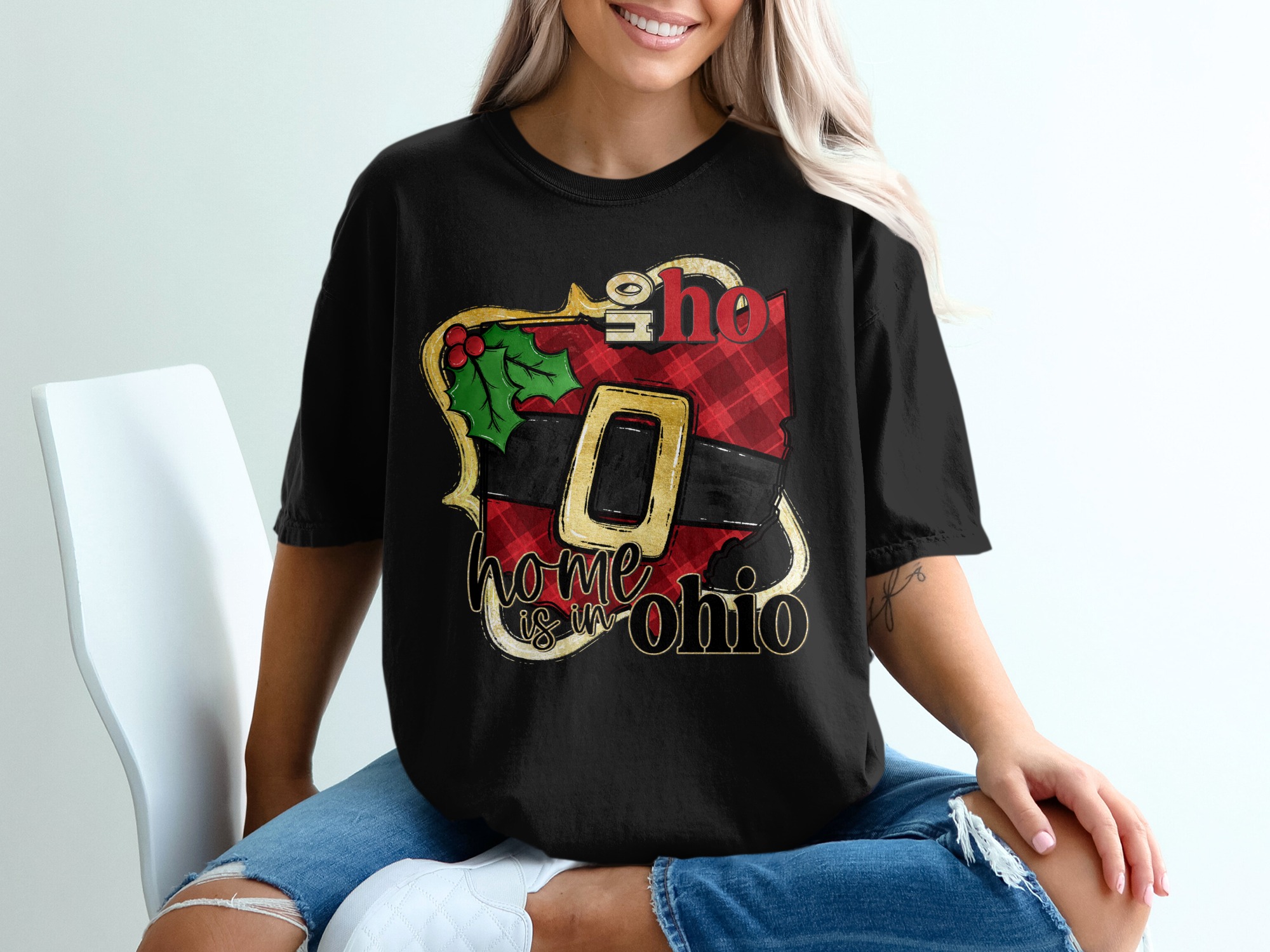 Ohio Christmas T-Shirt, Home is in Ohio, Holiday Shirt, Ohio Santa, Plaid State Tee, Ohio Gift, Christmas Gift TShirt - Image 2