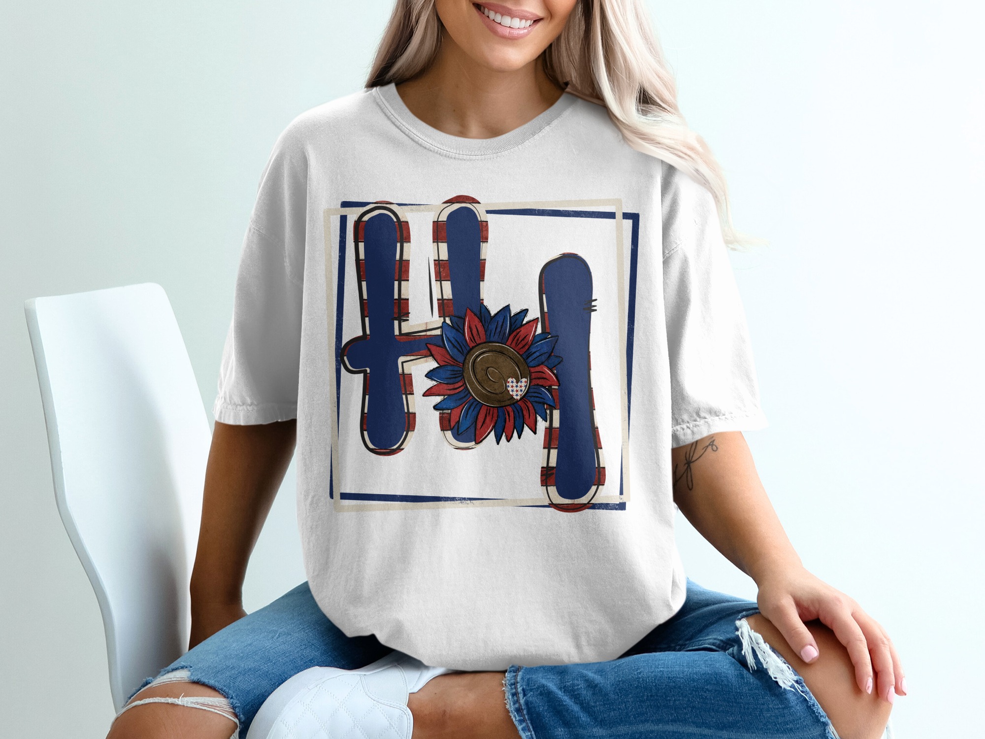 HI T-Shirt, Patriotic T-Shirt, Sunflower T-Shirt, American Flag T-Shirt, USA Shirt, Cute Summer Shirt, Gift For Her, Women Apparel