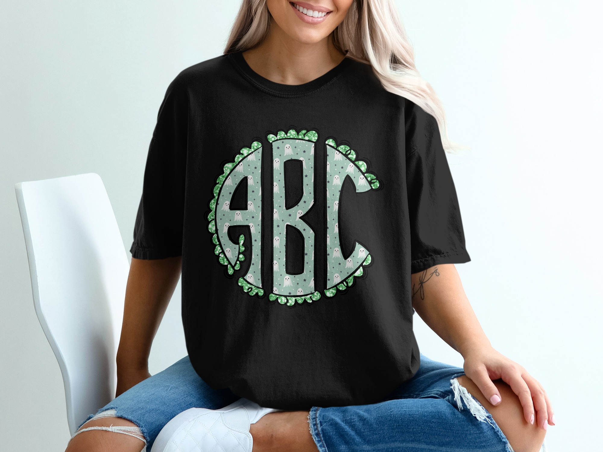 Ghost Monogram T-Shirt, Halloween Initial Shirt, Cute Spooky Letters Tee, Personalized ABC Shirt, Custom Ghost Name Shirt, Trendy T-Shirt - Image 2