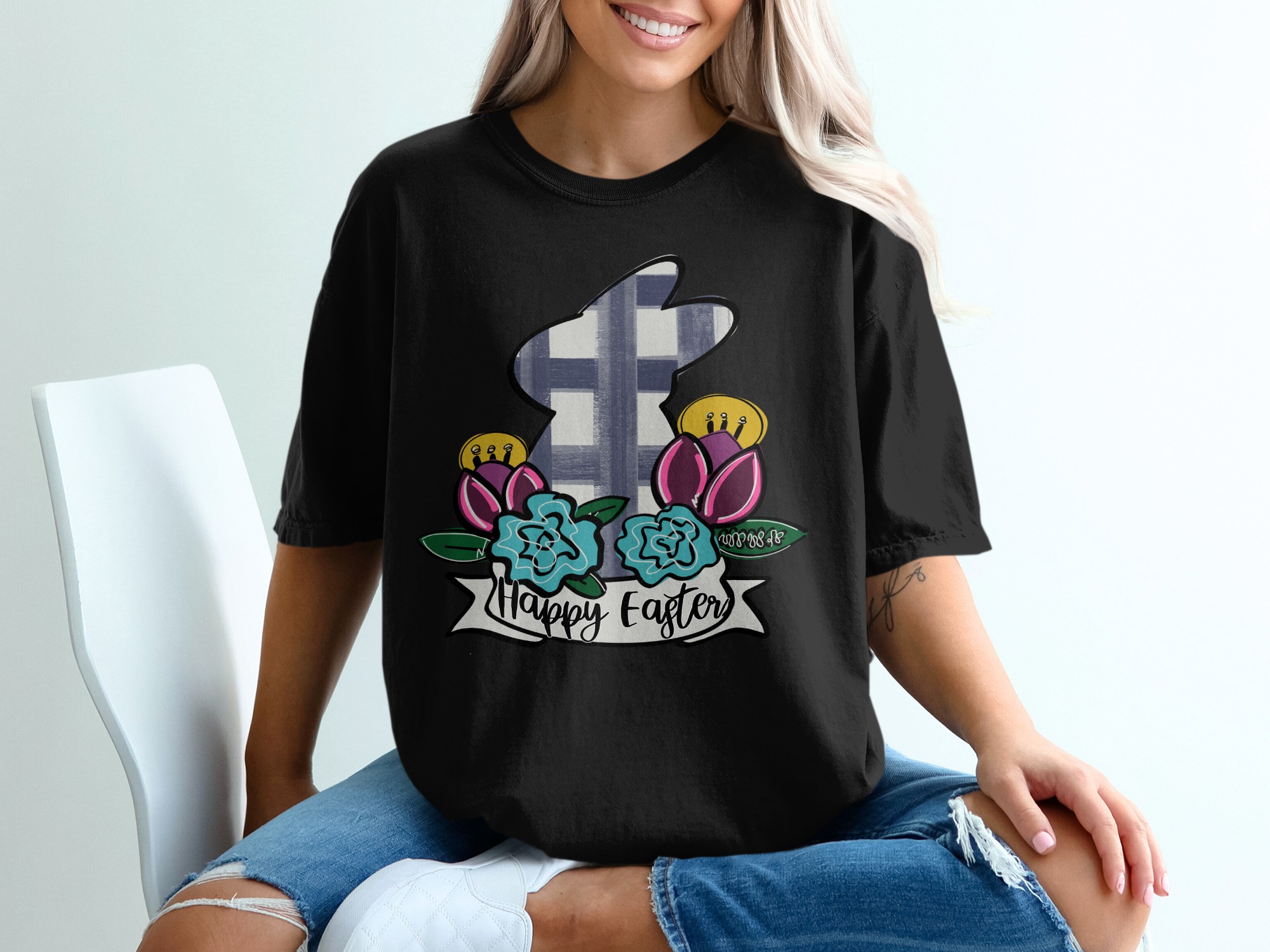 Happy Easter T-Shirt, Cute Bunny T-Shirt, Floral T-Shirt, Easter Gift, Holiday T-Shirt, Spring T-Shirt, Easter Bunny, Easter Shirt - Image 2