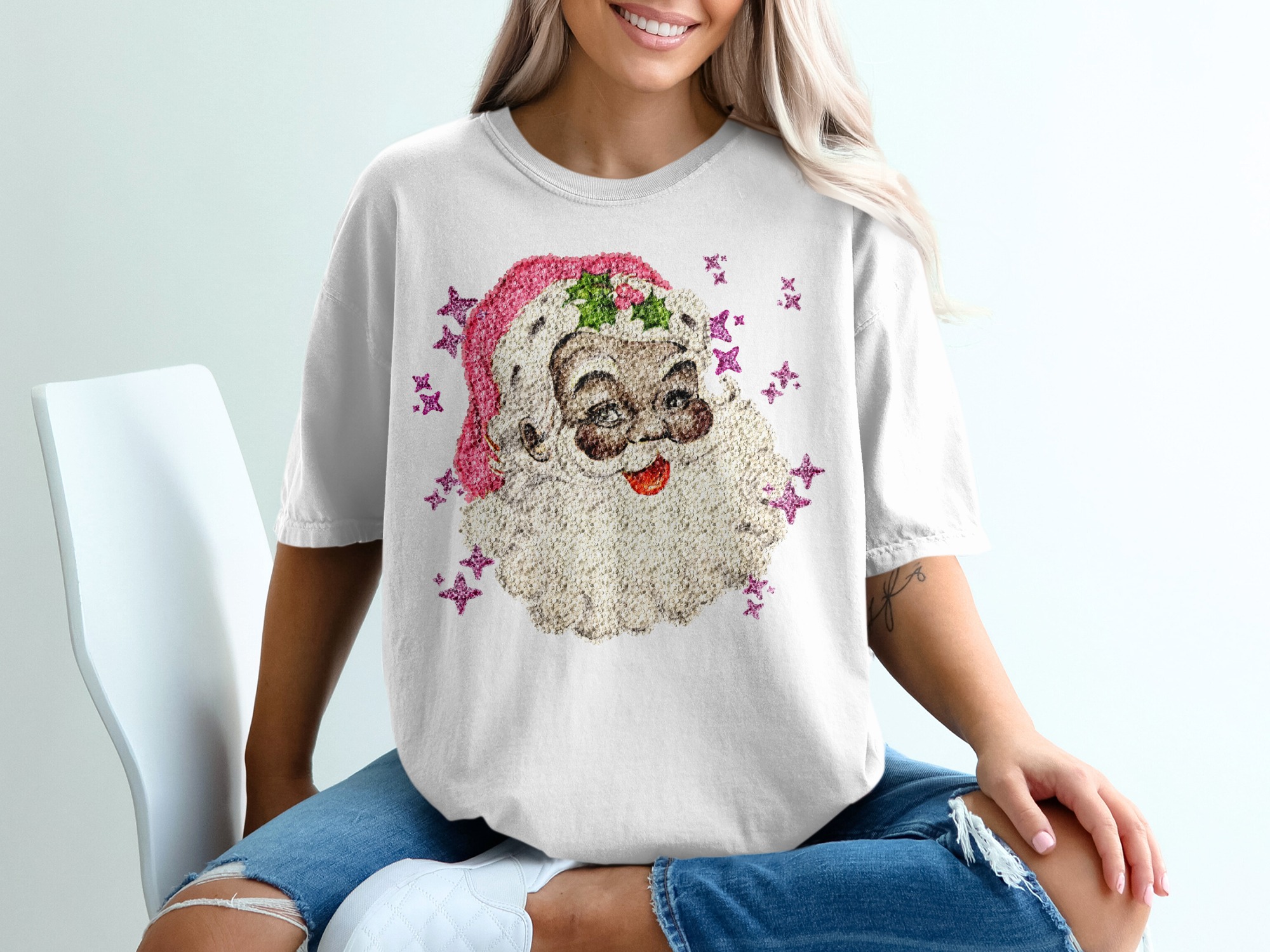 Sparkling Santa T-Shirt, Pink Hat, Holly, Festive Christmas Tee, Holiday Apparel, Unique Gift, Holiday T-Shirt, Christmas T-Shirt