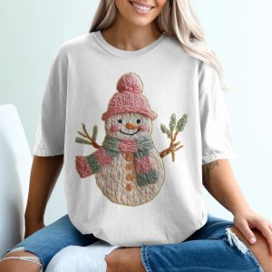 Knitted Snowman With Pink Hat Scarf and Branches T-Shirt faux yarn