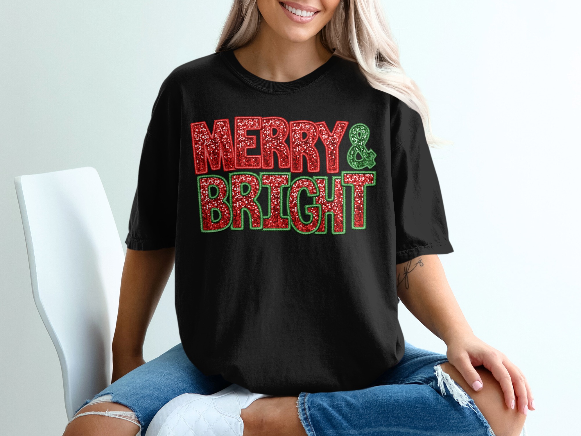 Merry and Bright T-Shirt, Christmas T-Shirt, Holiday Tee, Festive Apparel, Gift Idea, Seasonal Shirt, Sparkly Christmas Tee - Image 2