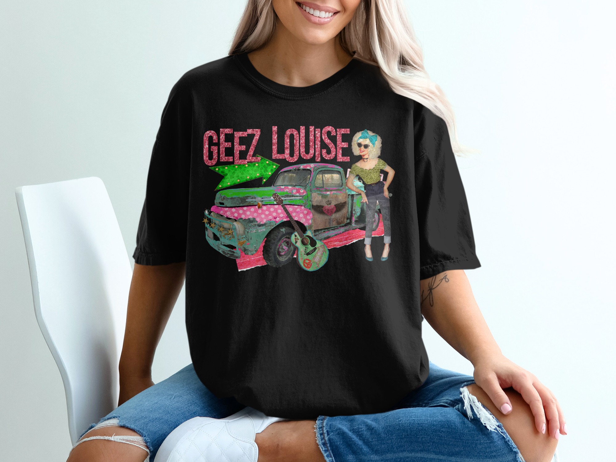 Geez Louise T-Shirt, Vintage Truck Tee, Pin Up Girl Shirt, Guitar T Shirt, Retro Style, Cool Novelty Tee, Unique Design T Shirt - Image 2