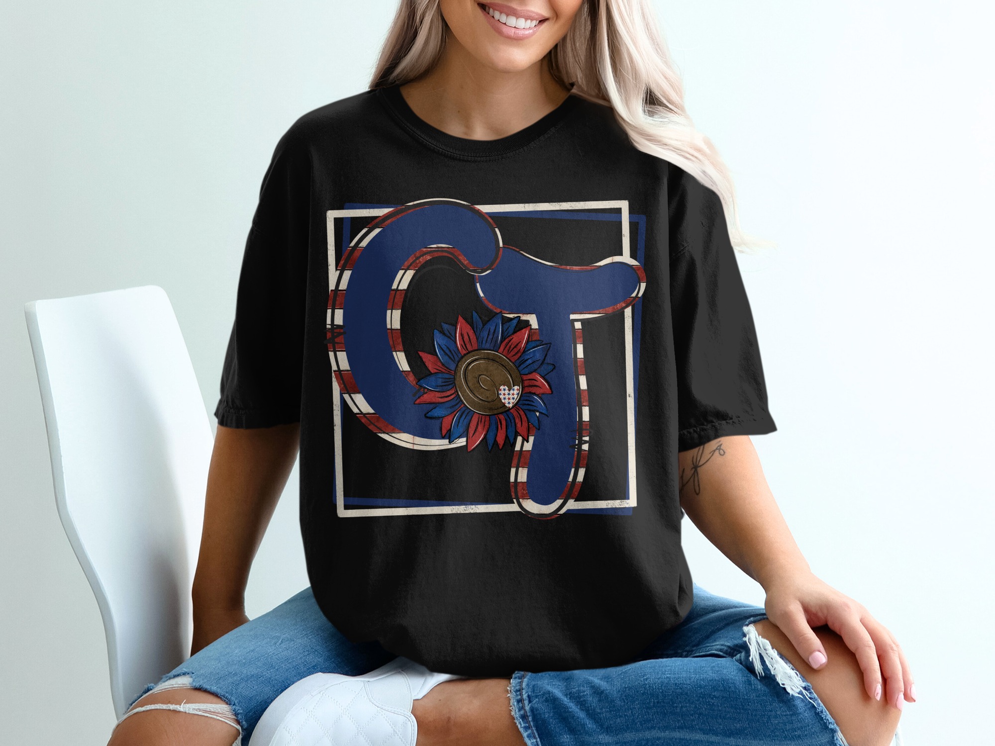 GT Monogram T-Shirt, Patriotic Sunflower Shirt, American Flag Initial, Red White Blue Shirt, USA Summer Tee, Independence Day Gift - Image 2