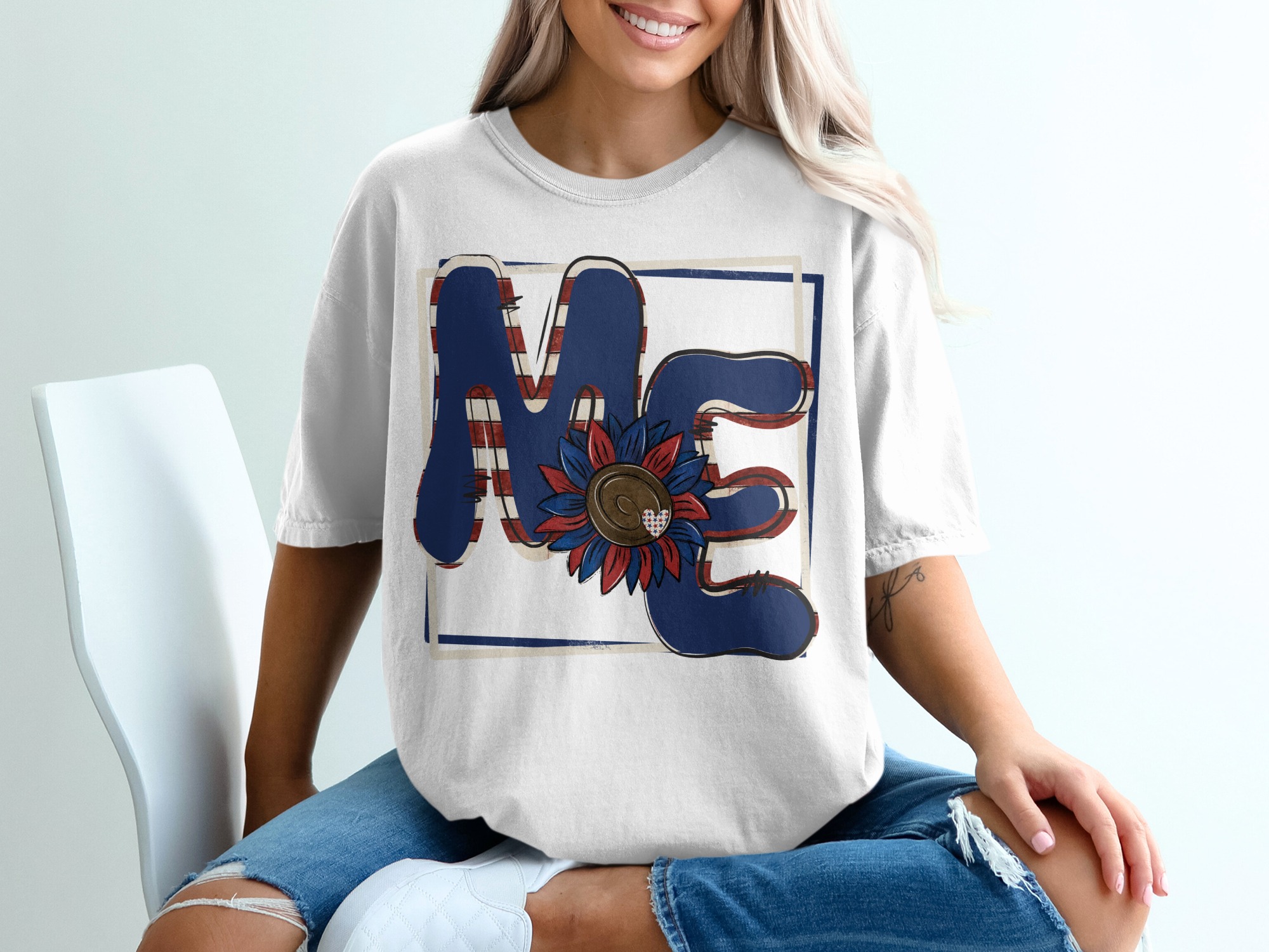ME T-Shirt Design, Patriotic Flower T-Shirt, USA Flag T-Shirt, Red White Blue Shirt, American Pride Shirt, Summer T-Shirt, Gift T-Shirt
