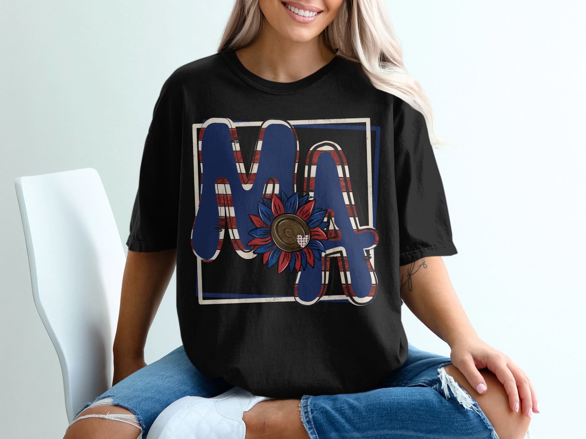 MA T Shirt, Patriotic Sunflower T Shirt, USA Initial Tee, Red White Blue, Graphic T Shirt, American Flag, Monogram T Shirt, Custom Initial - Image 2