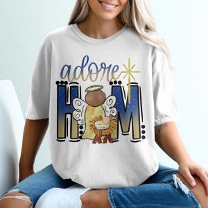 Adore Him T-Shirt, Christmas T-Shirt, Angel and Baby Jesus Shirt, Nativity Scene, Christian Shirt, Holiday T-Shirt, Cute Christmas Shirt