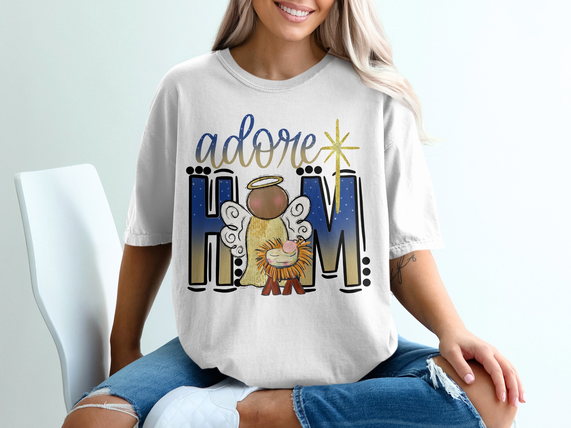 Adore Him T-Shirt, Christmas T-Shirt, Angel and Baby Jesus Shirt, Nativity Scene, Christian Shirt, Holiday T-Shirt, Cute Christmas Shirt