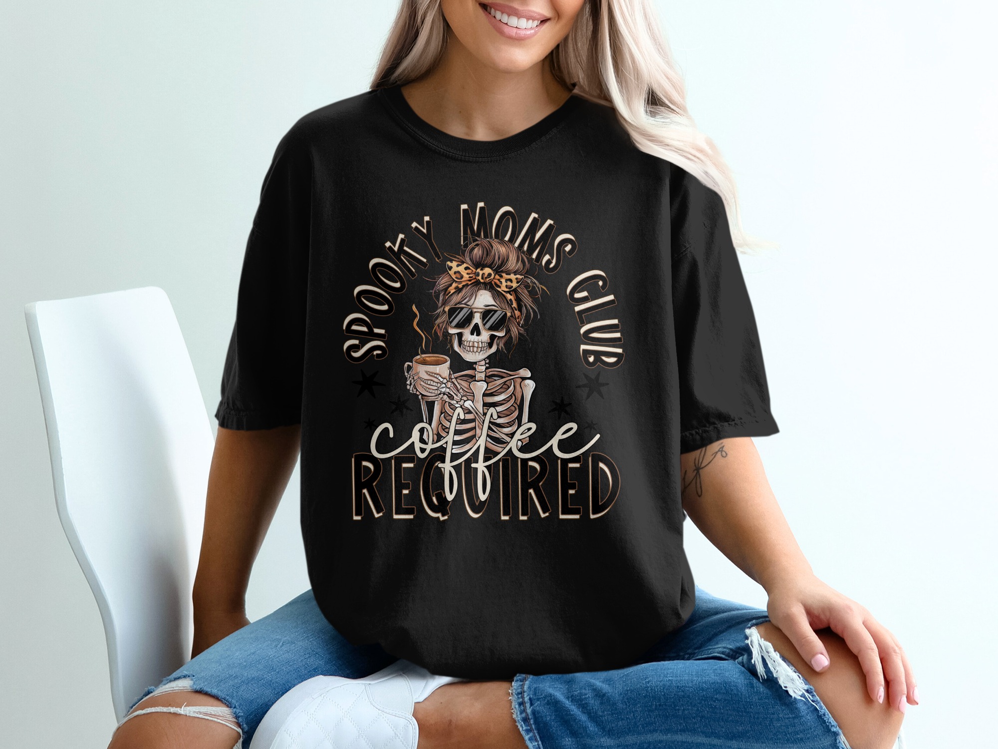 Spooky Moms Club T-Shirt, Coffee Skeleton Tee, Halloween Mom Shirt, Funny Fall TShirt, Messy Bun Skull, Coffee Required T-Shirt - Image 2