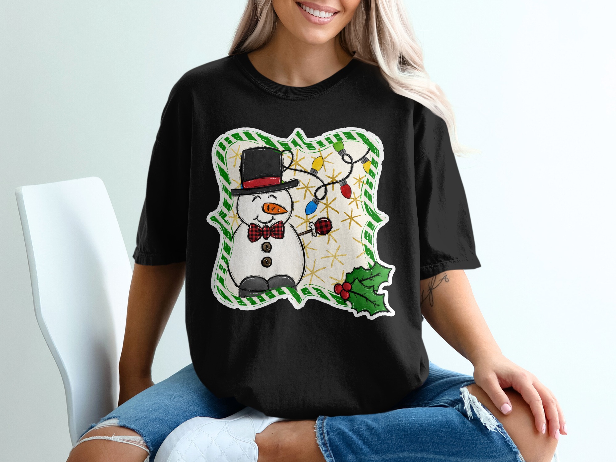 Cute Snowman T-Shirt, Christmas Lights Shirt, Winter Holiday Top, Festive Snowman Tee, Holiday Season Gift, Christmas Apparel - Image 2
