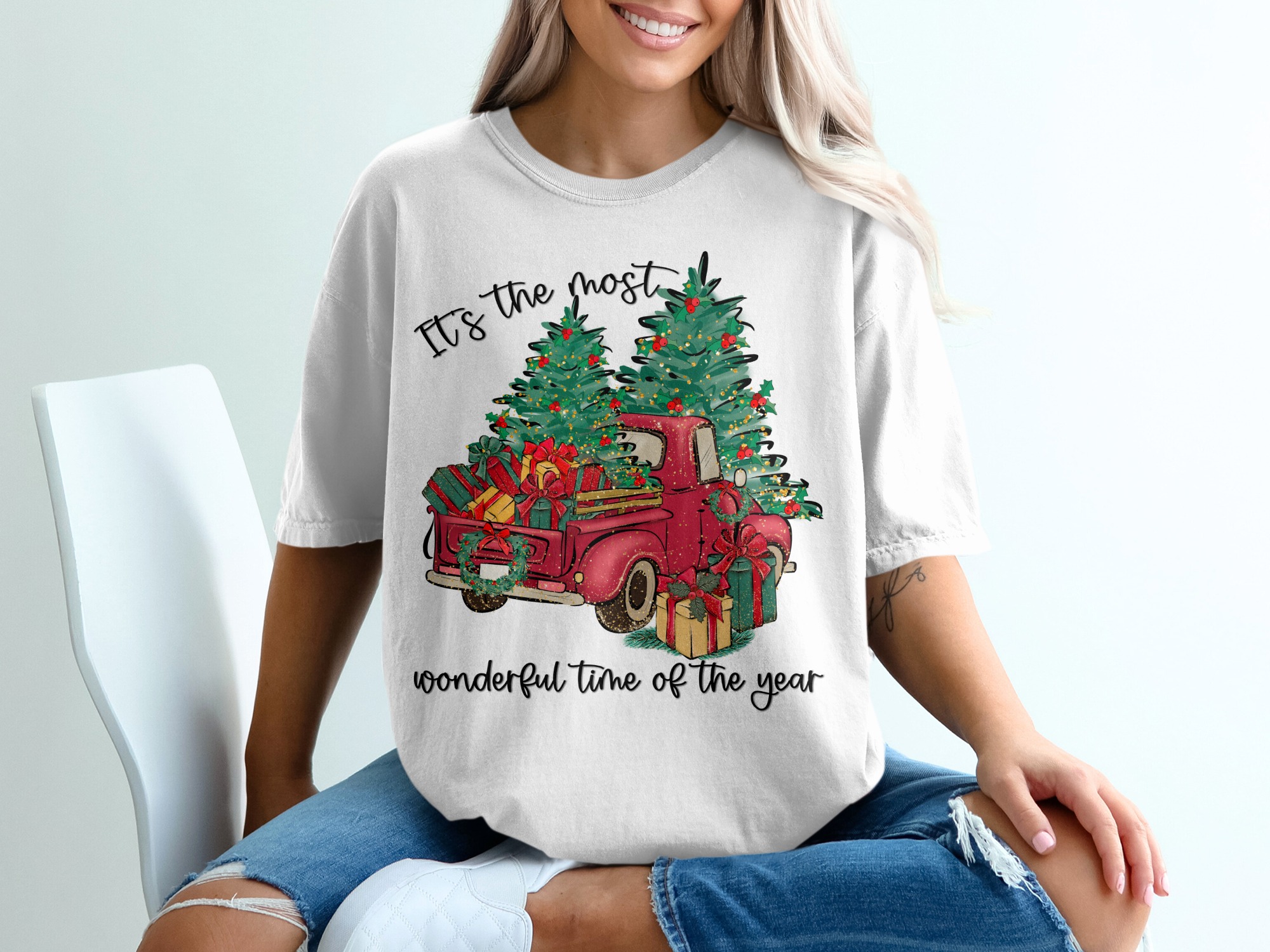 Christmas T-Shirt, Holiday Tee, Truck with Gifts, Most Wonderful Time, Christmas Tree Shirt, Seasonal Gift, Festive Shirt, Gift for