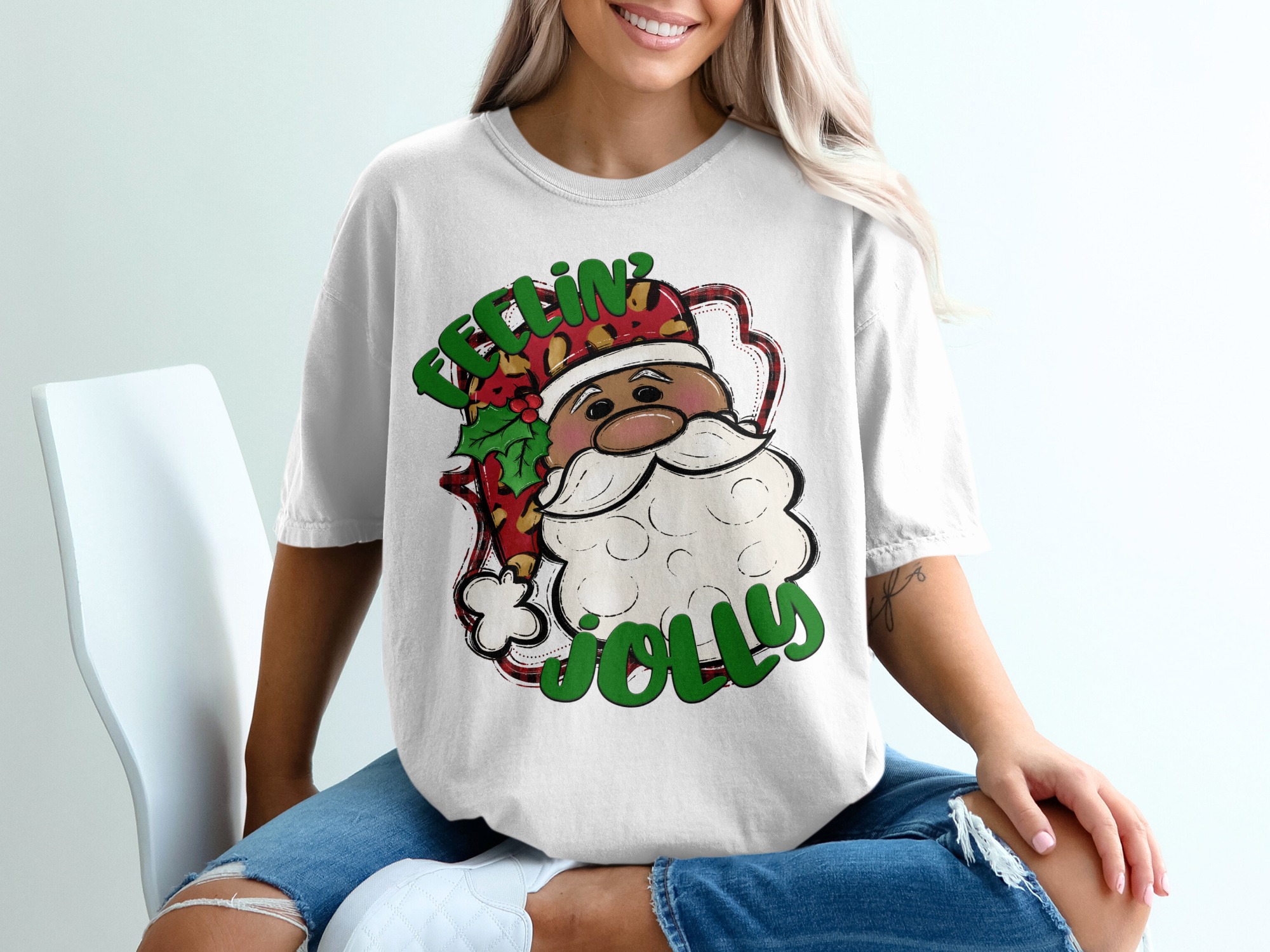 Feelin Jolly Santa T-Shirt, African American Santa Shirt, Christmas T Shirt, Holiday Tee, Cute Santa Claus Shirt, Xmas Gift Idea
