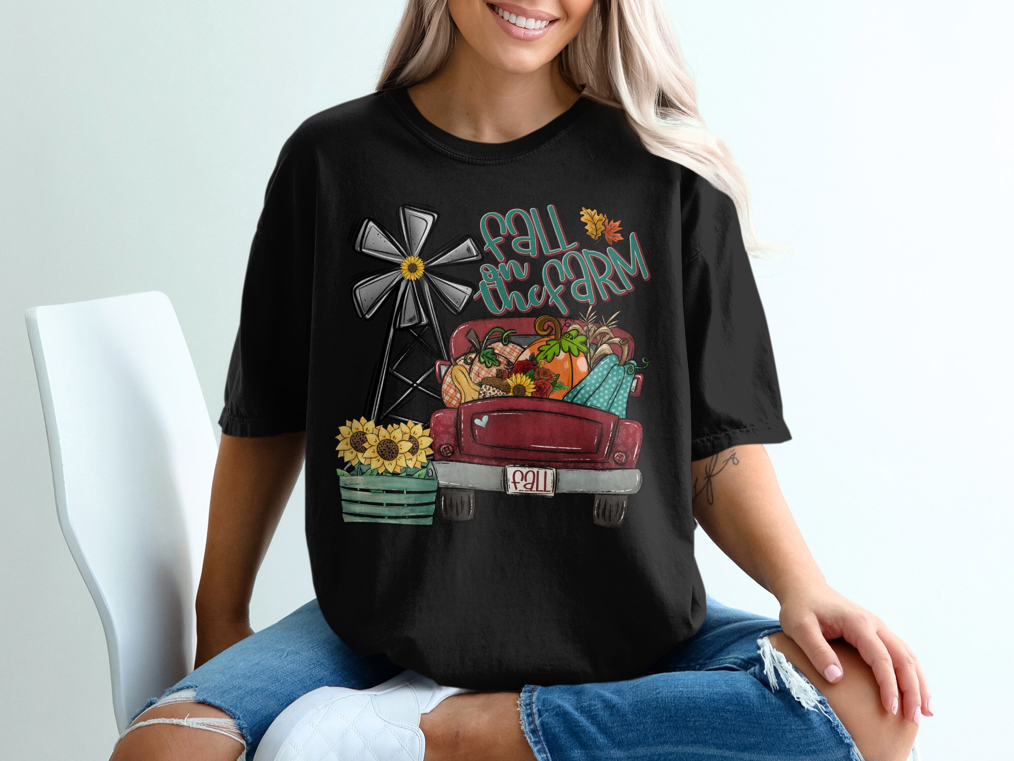 Fall On The Farm T-Shirt, Pumpkin Truck Tee, Autumn Windmill Shirt, Harvest T Shirt, Thanksgiving Tshirt, Country Farmhouse Shirt - Image 2