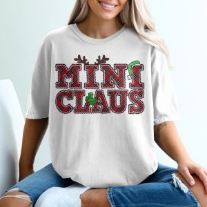 Mini Claus T-Shirt, Cute Christmas Tee, Holiday Apparel, Festive Top, Plaid T Shirt, Xmas Gift, Reindeer Antlers, Santa Hat, Holly Berry