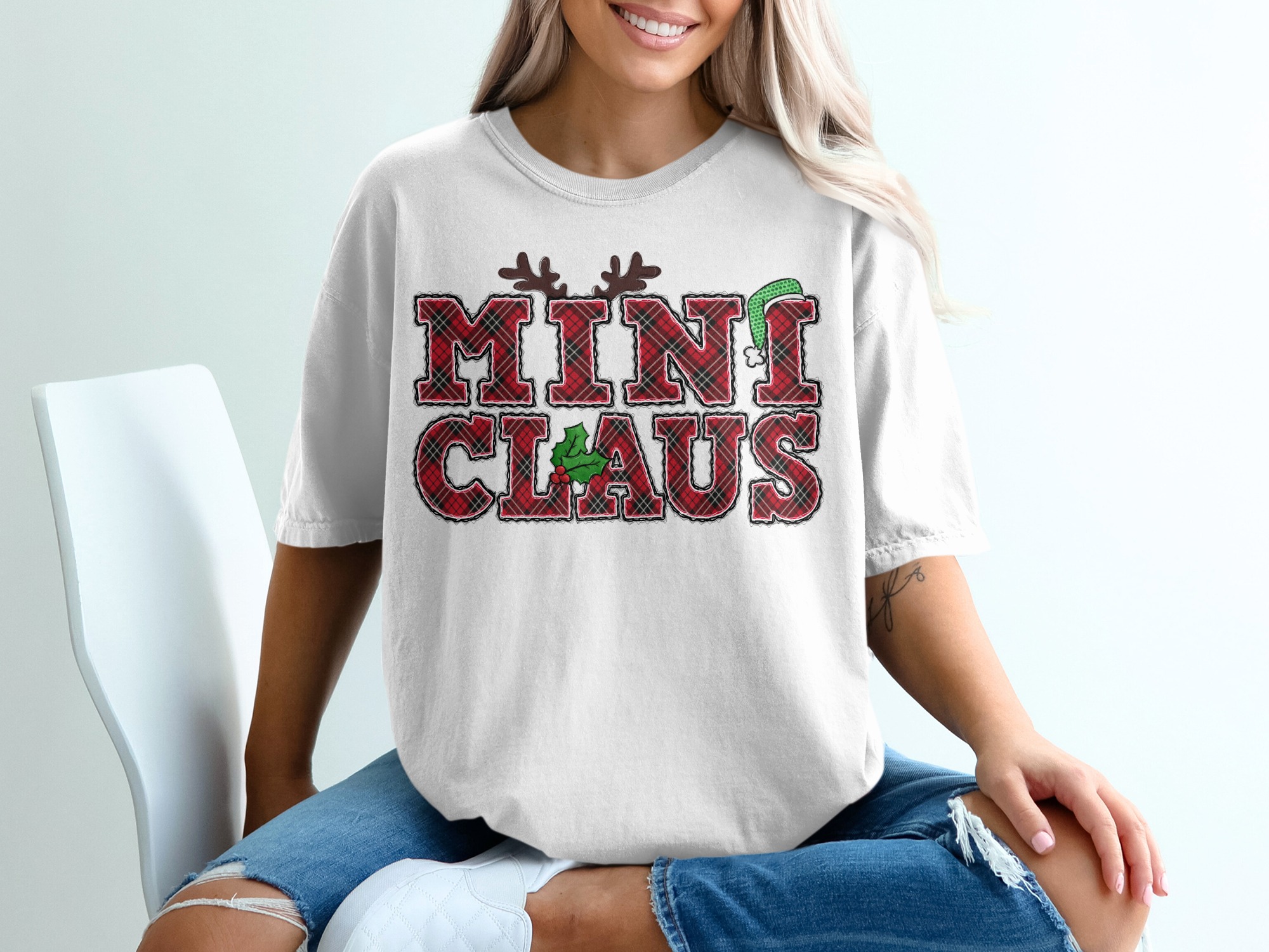 Mini Claus T-Shirt, Cute Christmas Tee, Holiday Apparel, Festive Top, Plaid T Shirt, Xmas Gift, Reindeer Antlers, Santa Hat, Holly Berry