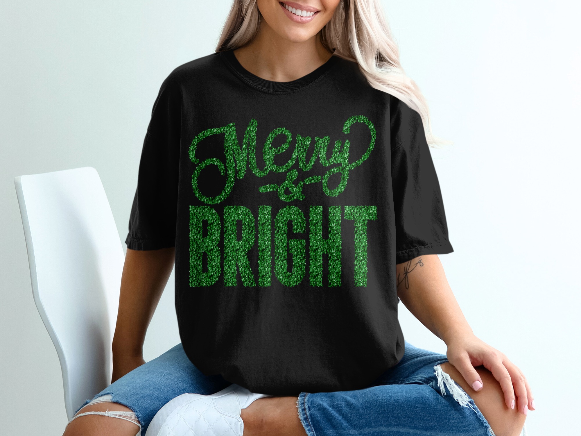 Merry and Bright T-Shirt, Christmas Shirt, Holiday Shirt, Festive Shirt, Gift for Christmas, Sequined Text Design, Green Text Shirt - Image 2