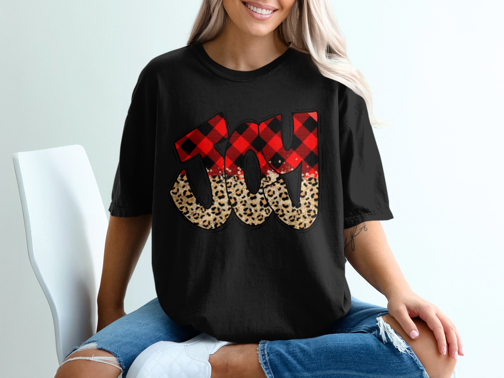 Joy T-Shirt, Buffalo Plaid Shirt, Leopard Print Tee, Trendy Christmas T Shirt, Holiday Cheer Shirt, Festive Joy Design, Fashion TShirt - Image 2