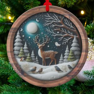 Winter Night Ornament, Reindeer Snow Scene, Holiday Birds Decor, Christmas Ornament, Unique Ornament, Christmas Decoration (139)