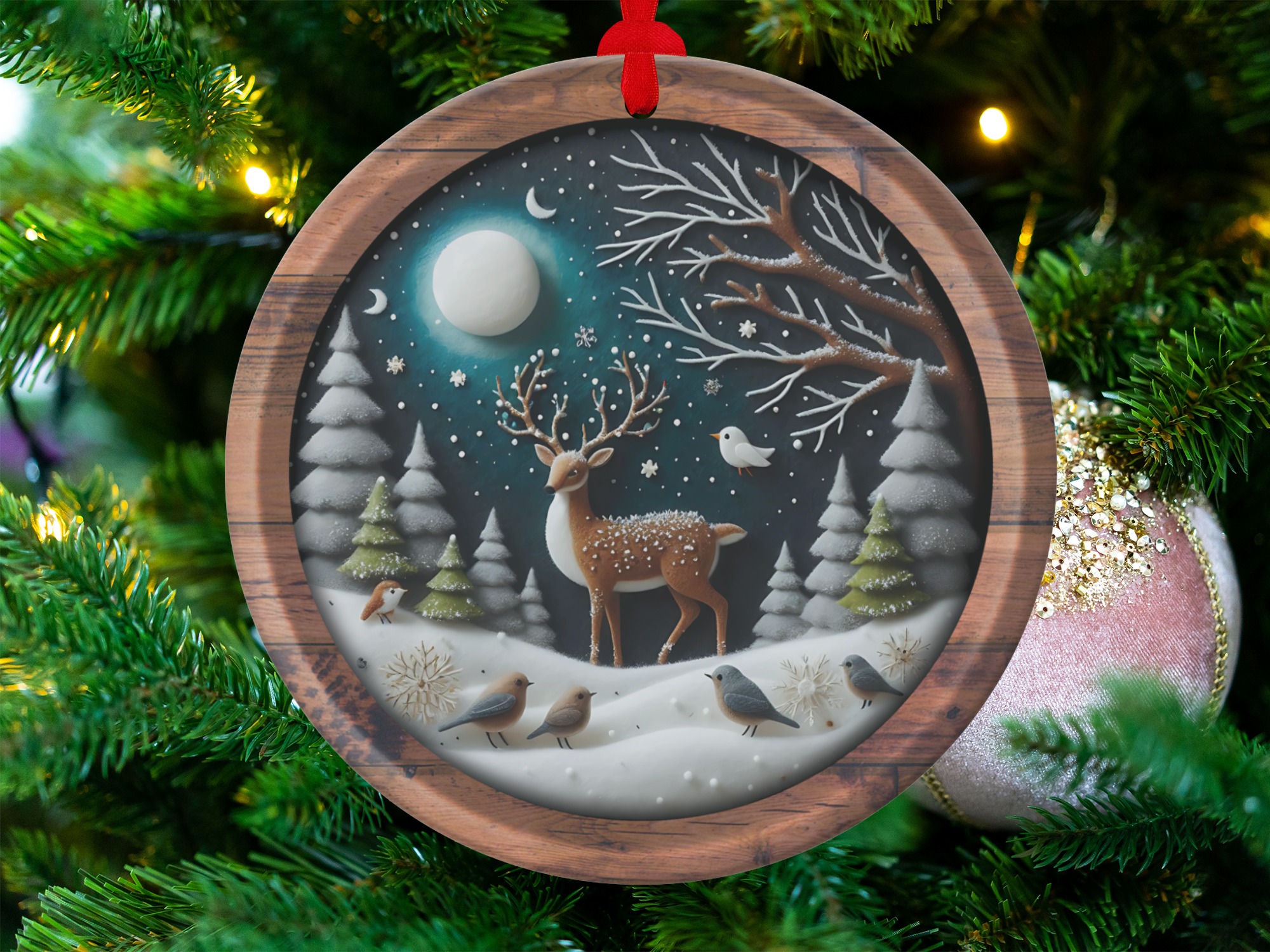 Winter Night Ornament, Reindeer Snow Scene, Holiday Birds Decor, Christmas Ornament, Unique Ornament, Christmas Decoration (139)