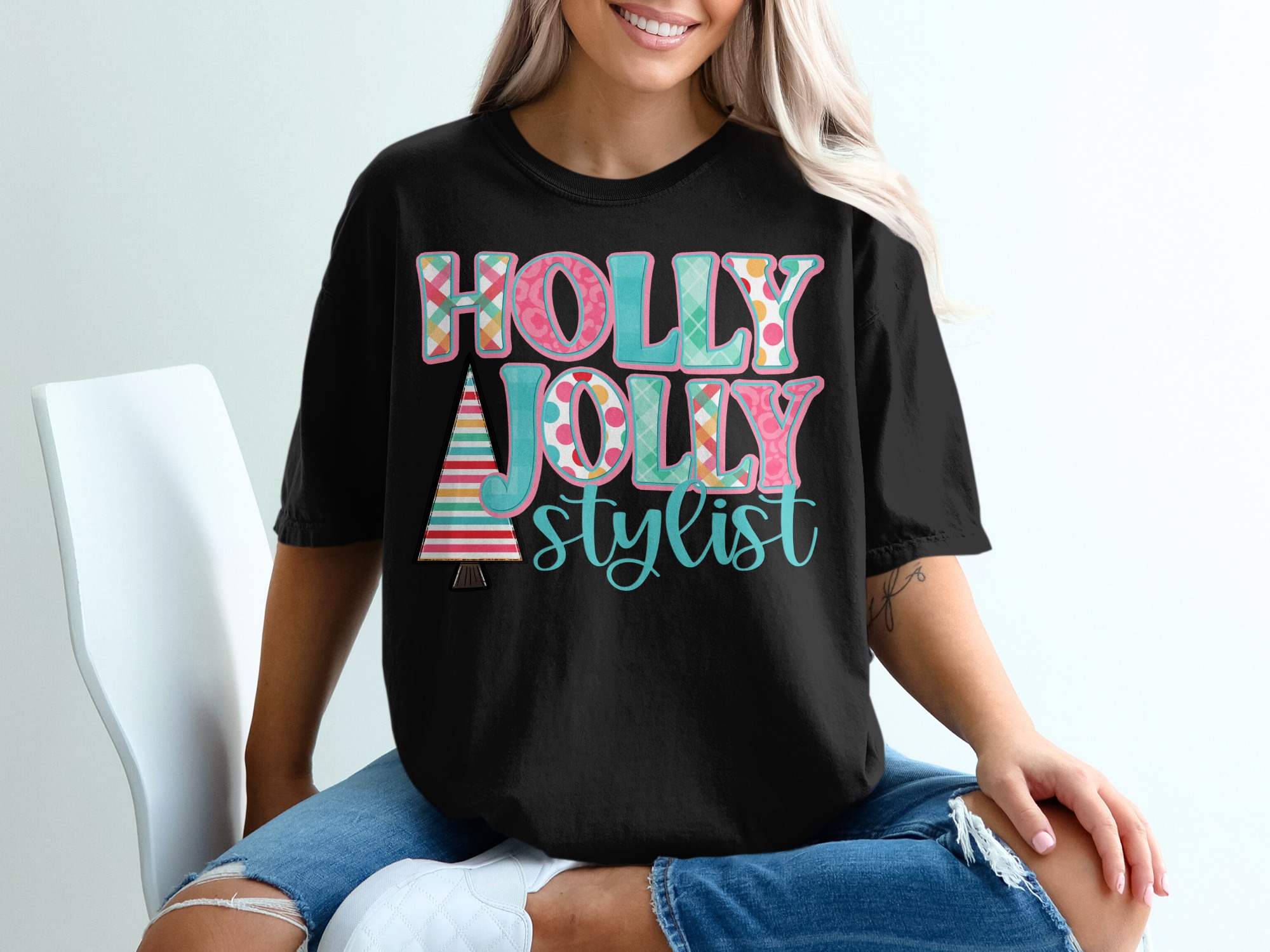 Holly Jolly Stylist T-Shirt, Christmas Tree Shirt, Festive Stylist Gift, Holiday T Shirt, Stylist Apparel, Cheerful Christmas Shirt - Image 2