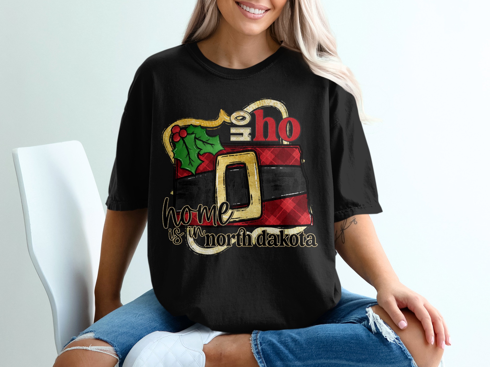 North Dakota Christmas T-Shirt, Home State Pride Tee, Holiday Gift, ND Santa Belt, Ho Ho Home, State Map, Holiday Tee - Image 2