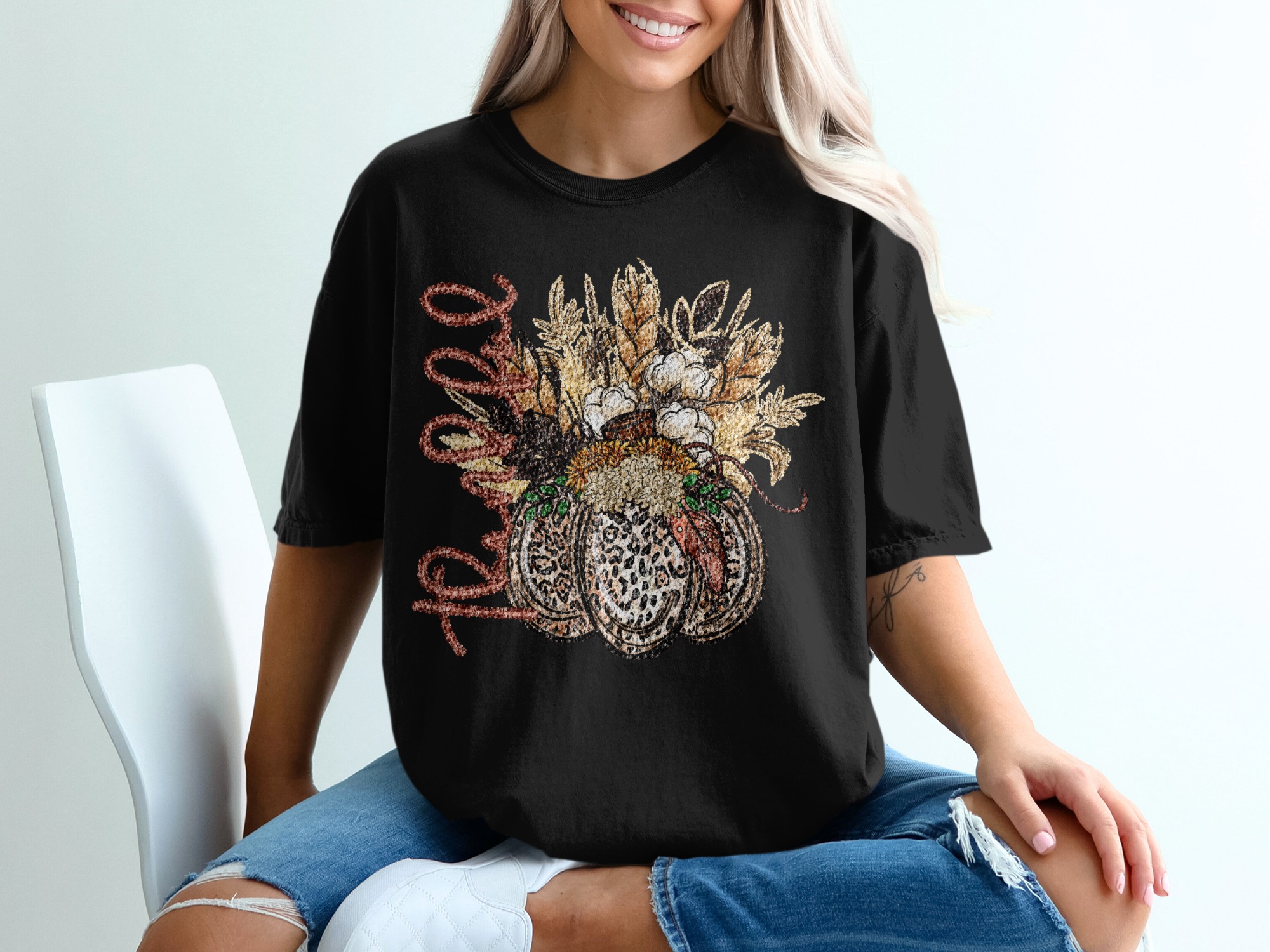 Fall T-Shirt, Leopard Pumpkin Shirt, Autumn Shirt, Thanksgiving Shirt, Floral Shirt, Harvest Shirt, Cotton Shirt, Holiday T-Shirt - Image 2