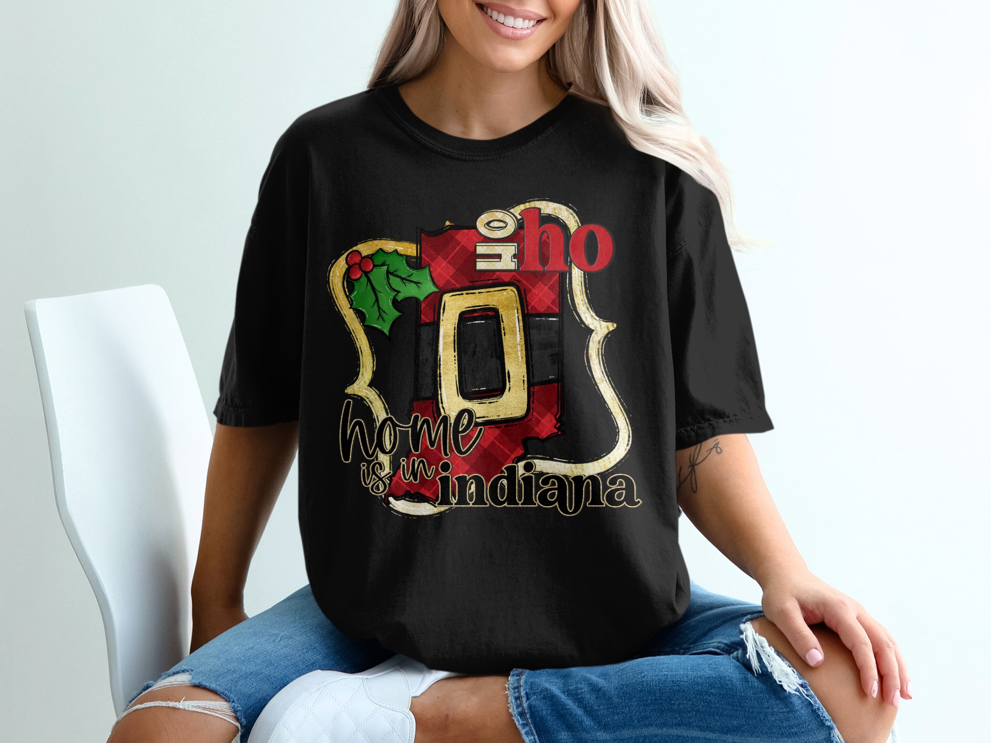 Indiana Christmas T-Shirt, Home State Holiday Tee, Santa Belt Indiana Map, Plaid Christmas Shirt, Holiday Gift, Indiana Pride Shirt - Image 2