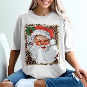 Winking Santa T-Shirt, Christmas Shirt, Holiday Tee, Festive Apparel, Vintage Santa, Leopard Print, Holiday Season, Gift Idea