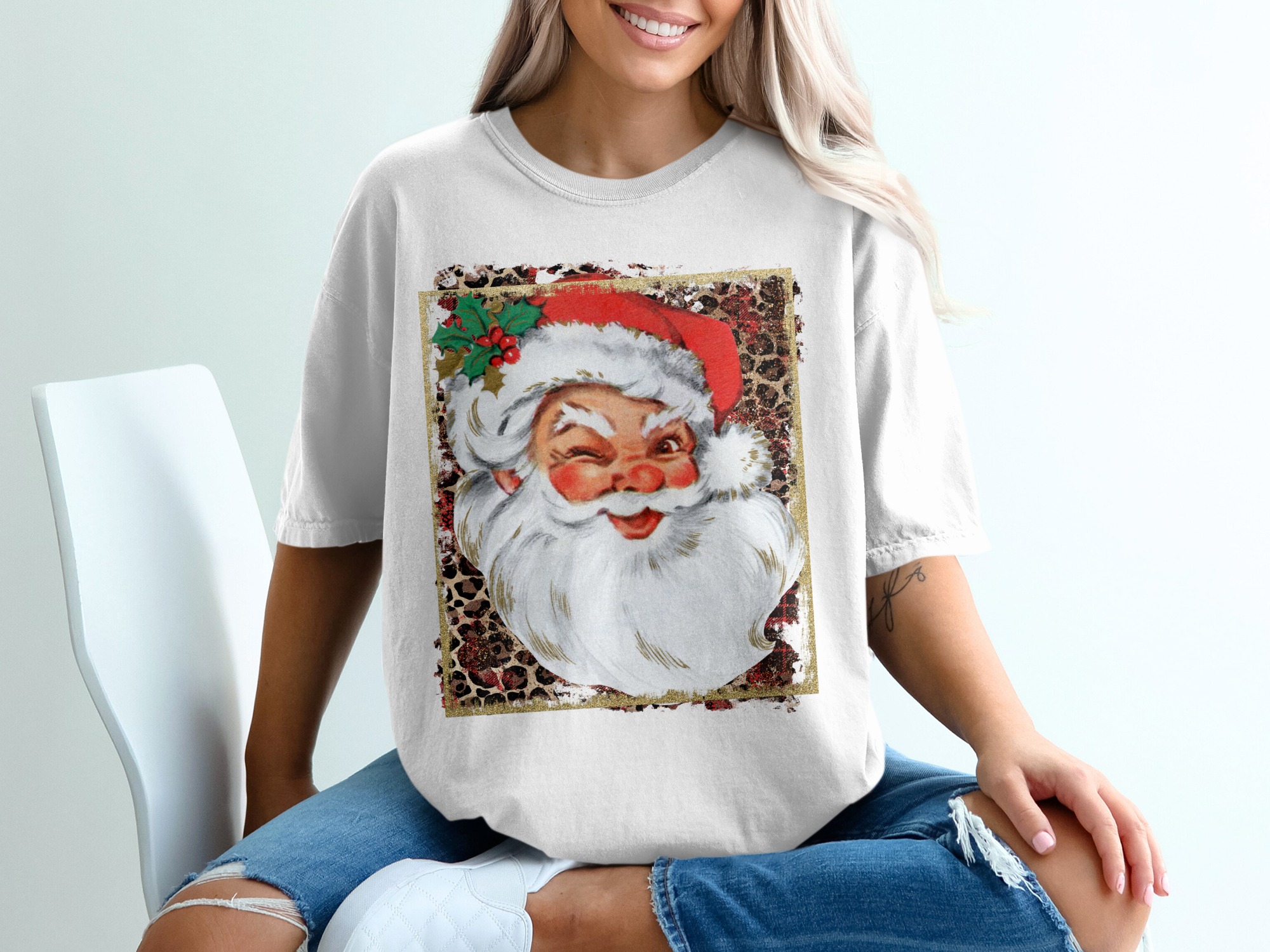 Winking Santa T-Shirt, Christmas Shirt, Holiday Tee, Festive Apparel, Vintage Santa, Leopard Print, Holiday Season, Gift Idea