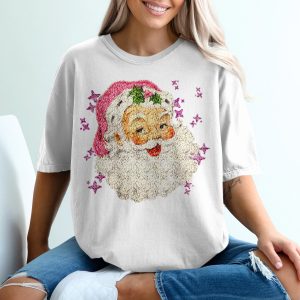 Vintage Santa T-Shirt, Retro Christmas, Santa Claus Tee, Holiday Shirt, Festive T-Shirt, Nostalgic Santa, Sparkle Stars, Pink Santa Hat