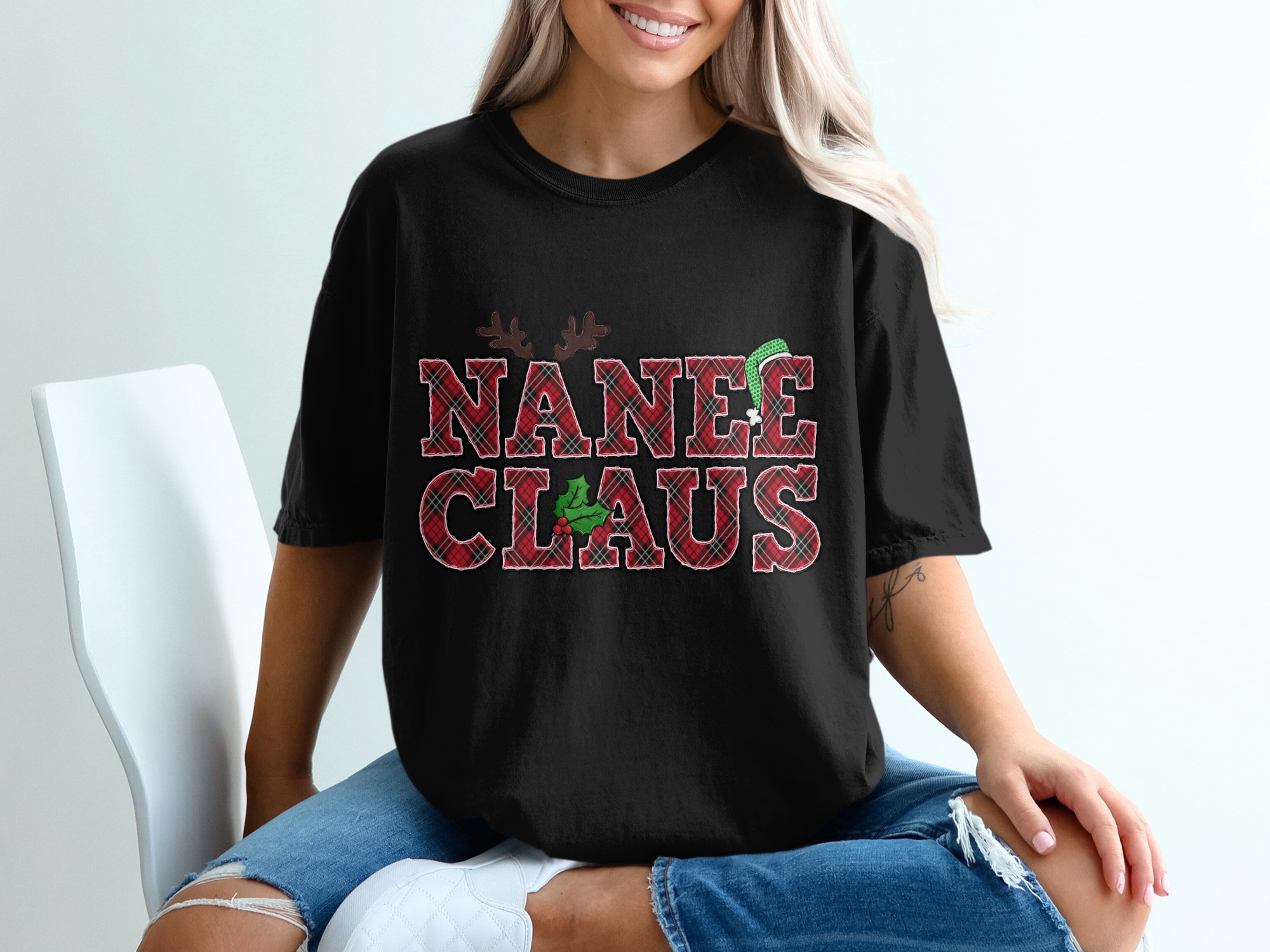 Nanee Claus T-Shirt, Plaid Christmas Tee, Funny Holiday Shirt, Reindeer Antlers, Xmas Gift Idea, Holiday Cheer, Holiday Tee - Image 2