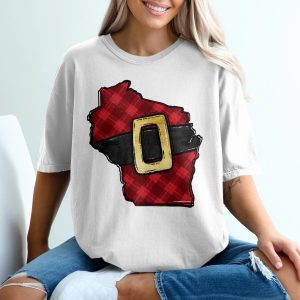 Wisconsin Christmas T-Shirt, Santa Belt State Outline, Plaid Design Shirt, WI Holiday Gift, Festive Top, Seasonal Apparel