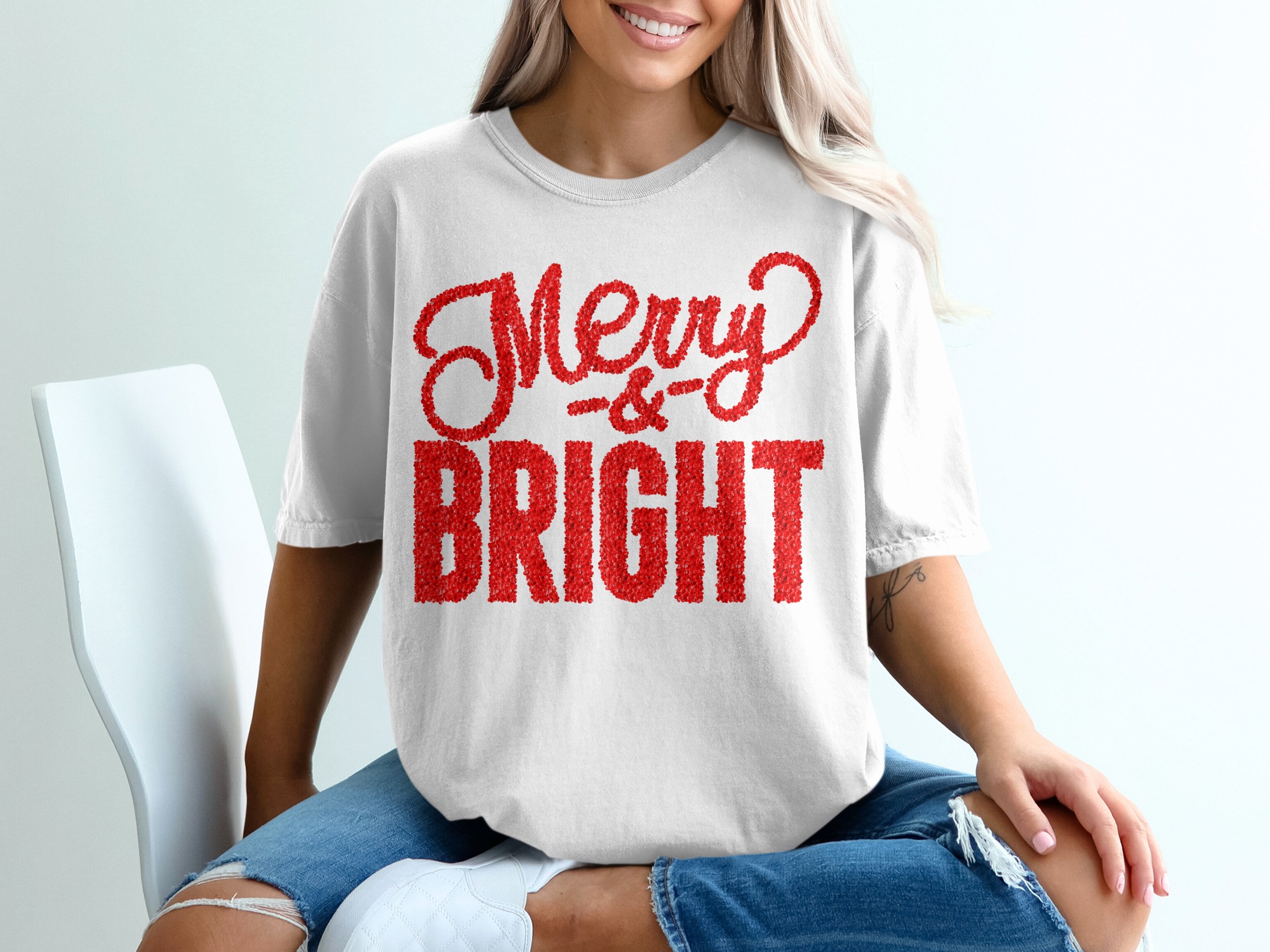 Merry and Bright T-Shirt, Red Sequin Design, Christmas T-Shirt, Holiday Season Apparel, Festive T-Shirt, Christmas Gift Idea